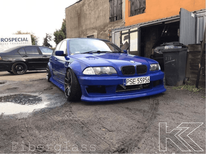 BMW 3-Series E46 sedan full over fender kit with vented front fenders, made of ABS or fiberglass by K2 Industries.