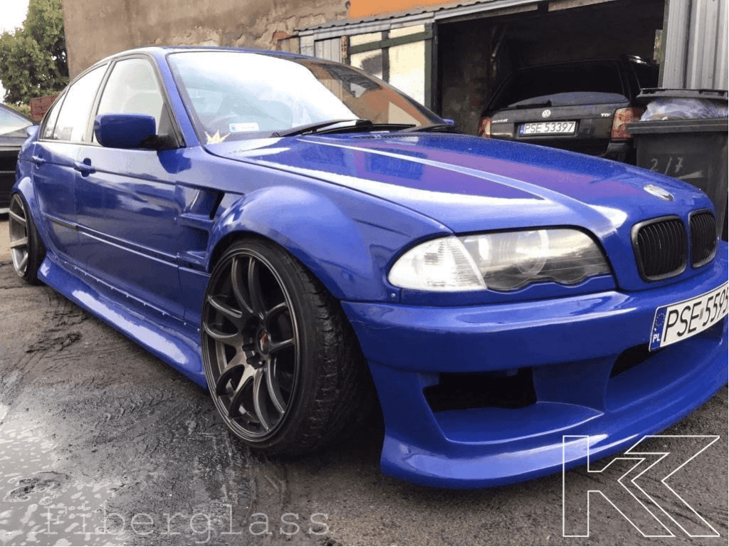 BMW 3-Series E46 Sedan full over fender kit with vented front fenders, available in ABS or fiberglass by K2 Industries.