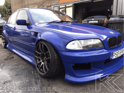 BMW 3-Series E46 Sedan full over fender kit with vented front fenders, available in ABS or fiberglass by K2 Industries.