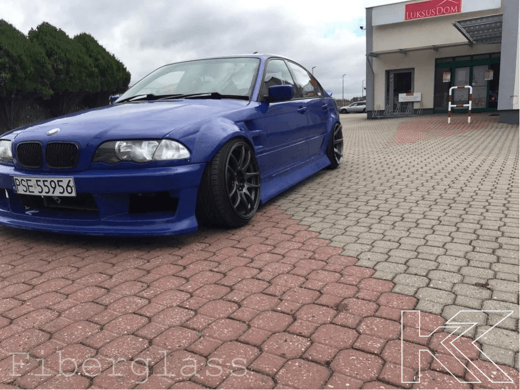 BMW 3-Series E46 sedan full over fender kit with vented front fenders by K2 Industries, available in ABS or fiberglass.