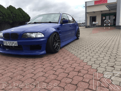 BMW 3-Series E46 sedan full over fender kit with vented front fenders by K2 Industries, available in ABS or fiberglass.