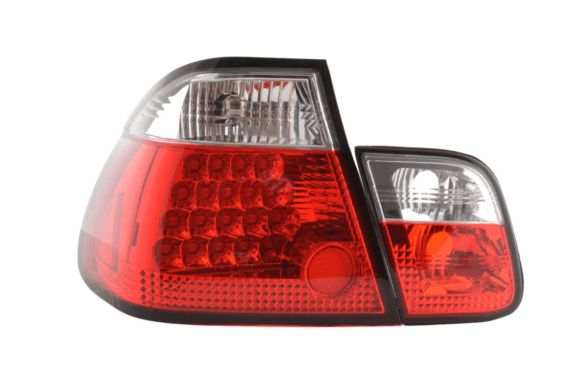 BMW 3-series E46 Sedan red Altezza style taillights set for pre-facelift models by K2 Industries, showing close-up of red lens design.