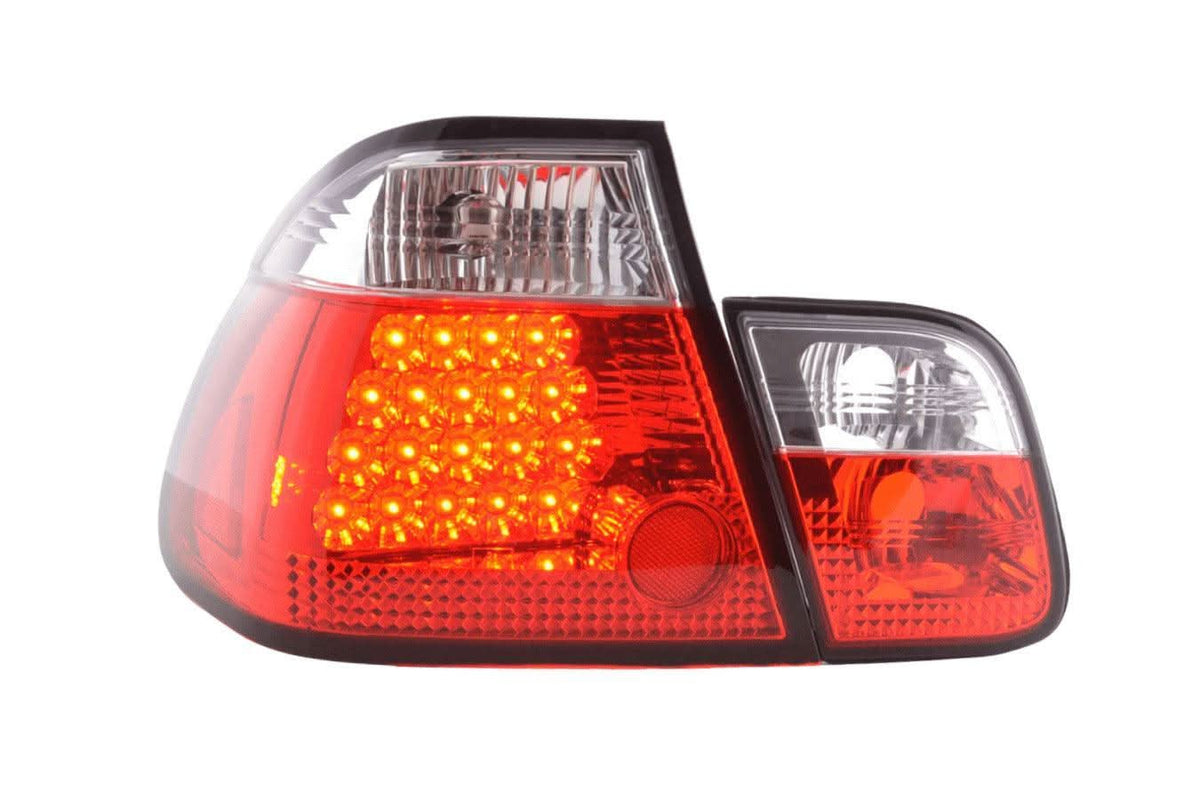 BMW 3-series E46 Sedan red Altezza style taillights set by K2 Industries, pre-facelift 1998-2001, showing close-up of tail light assembly.