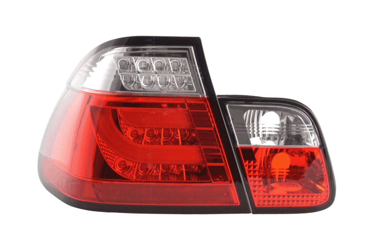 BMW 3 Series E46 sedan red LED taillights set by K2 Industries, featuring facelift design for 2003-2006 models.