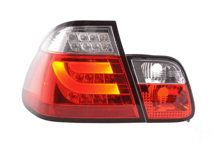 BMW 3 Series E46 sedan red LED tail light set with facelift design, installed on the rear of the vehicle.
