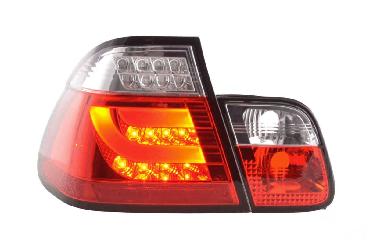 BMW 3 Series E46 sedan red LED tail light bar set with facelift design, made by K2 Industries, for 2003-2006 models.