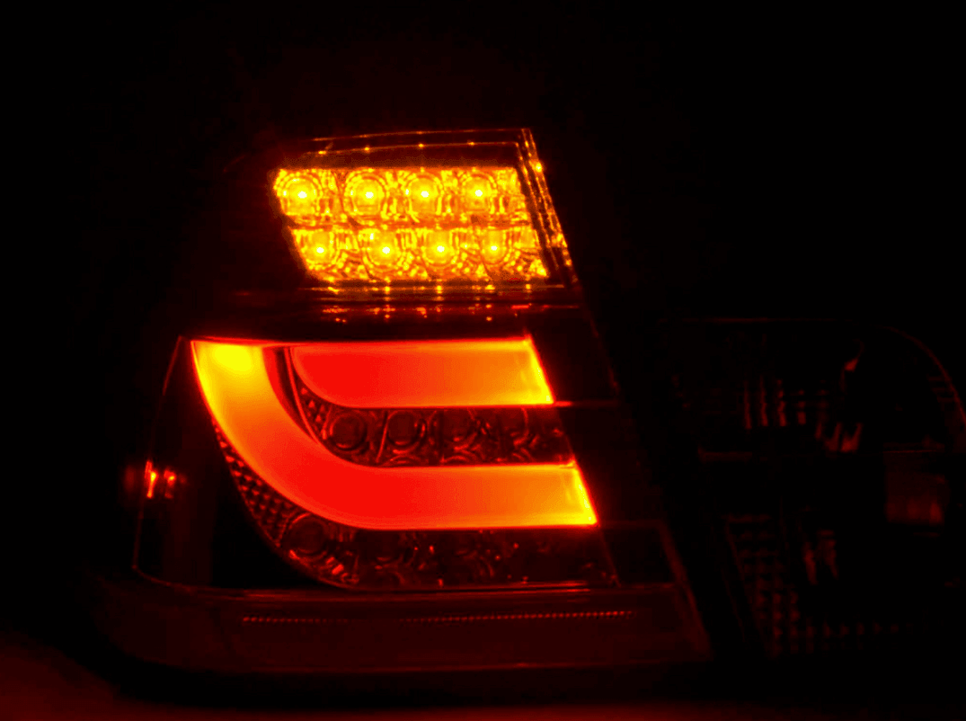 BMW 3 Series E46 sedan red LED taillights set with facelift design, featuring sleek tail light bars from K2 Industries, 2003-2006.