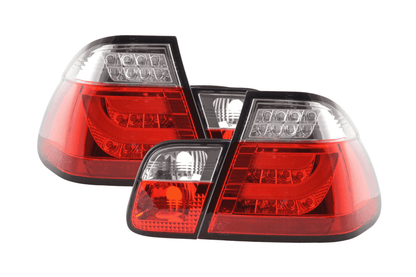 BMW 3 Series E46 sedan red LED taillights set with facelift design, installed on the rear of the 2003-2006 model.