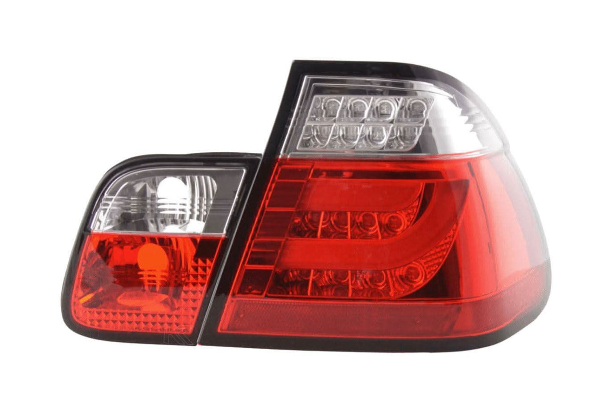 BMW 3 Series E46 sedan red LED tail light bar set for facelift models 2003-2006 by K2 Industries, showing the taillights.