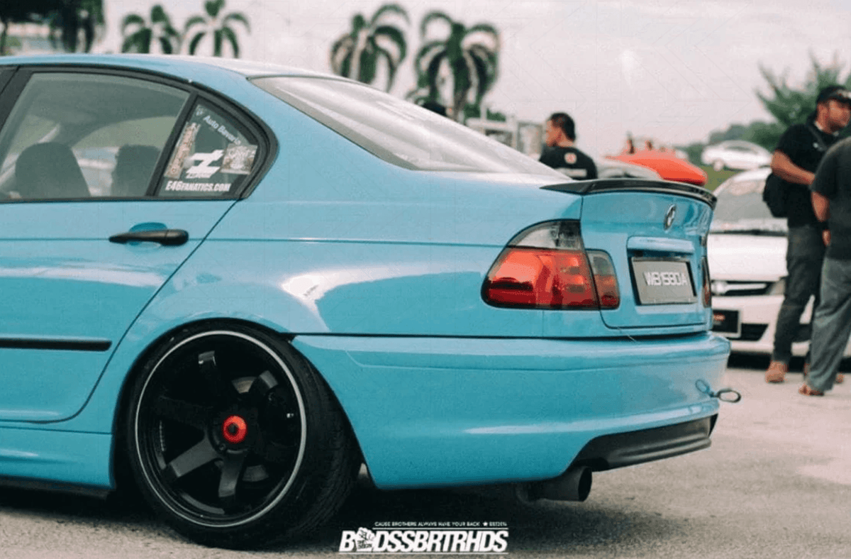 BMW 3 Series E46 Sedan red LED taillights set with facelift design, installed on the rear of the vehicle.