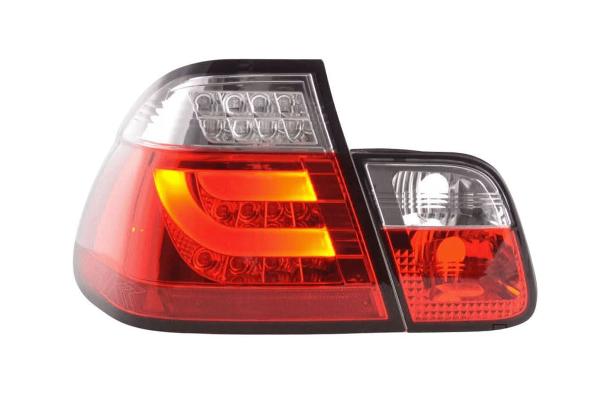 BMW 3-series E46 sedan red LED tail light set by K2 Industries, pre-facelift 1998-2001, showing the rear view of the taillights.