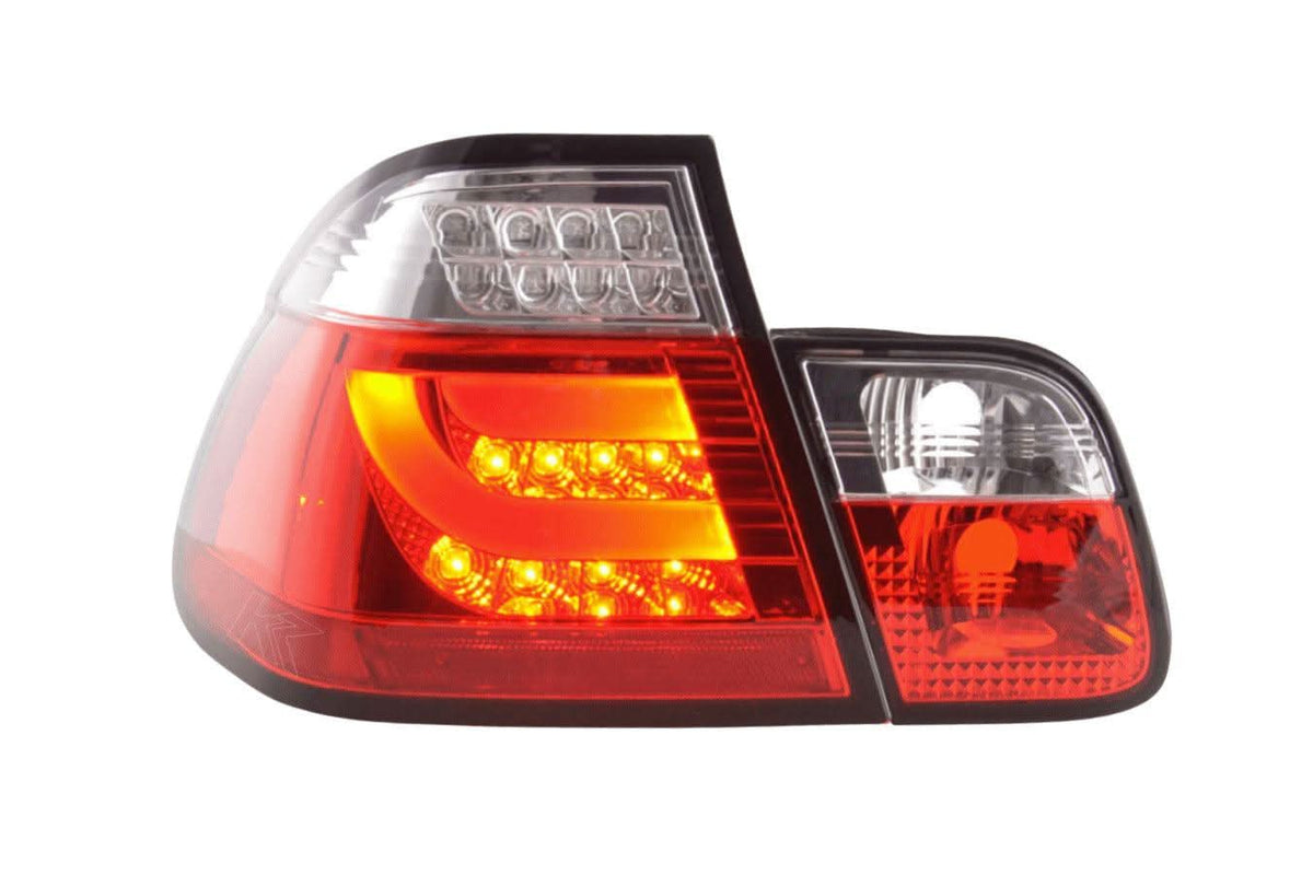 BMW 3-series E46 sedan red LED tail light set by K2 Industries, pre-facelift model (1998-2001) with illuminated LED lightbar.