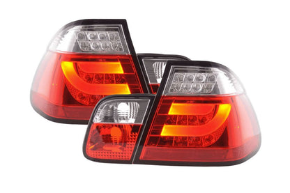 BMW 3-Series E46 sedan red LED tail light set by K2 Industries, pre-facelift model (1998-2001), showing installed taillights.