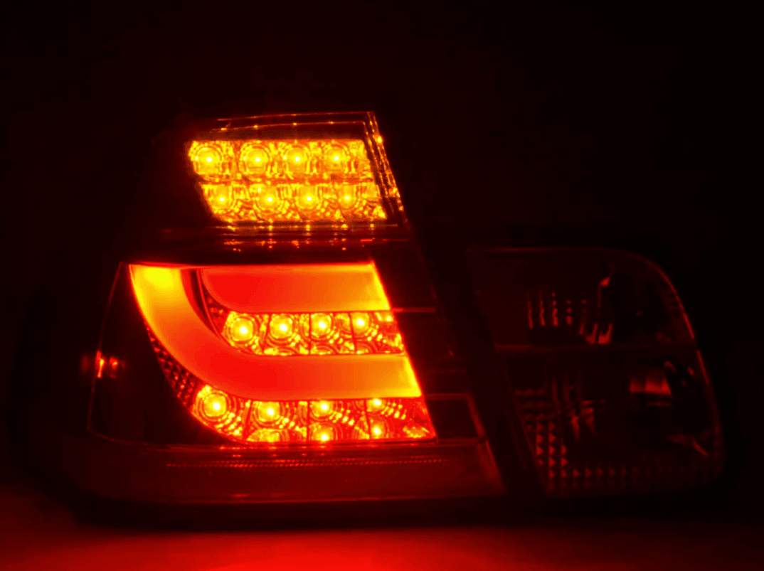 BMW 3 Series E46 sedan red LED taillights set by K2 Industries, pre-facelift 1998-2001, showing close-up of tail light assembly.