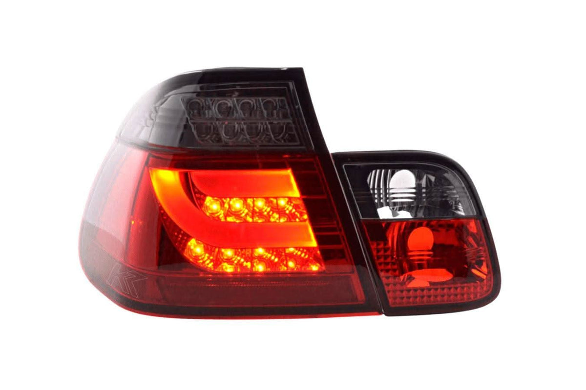 Red smoke LED tail light set for BMW 3 Series E46 Sedan (2002-2005) by K2 Industries, showing the taillights installed on the vehicle.