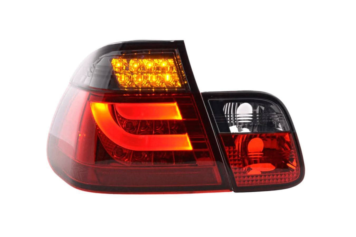 BMW 3 Series E46 sedan red smoke LED taillights set by K2 Industries, rear view showing tail light design for 2002-2005 models.