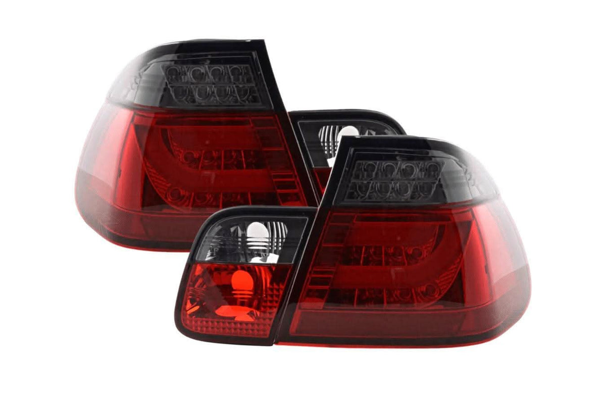 Red smoke LED tail light set for BMW 3-series E46 Sedan 2002-2005, K2 Industries tail lights with sleek design.