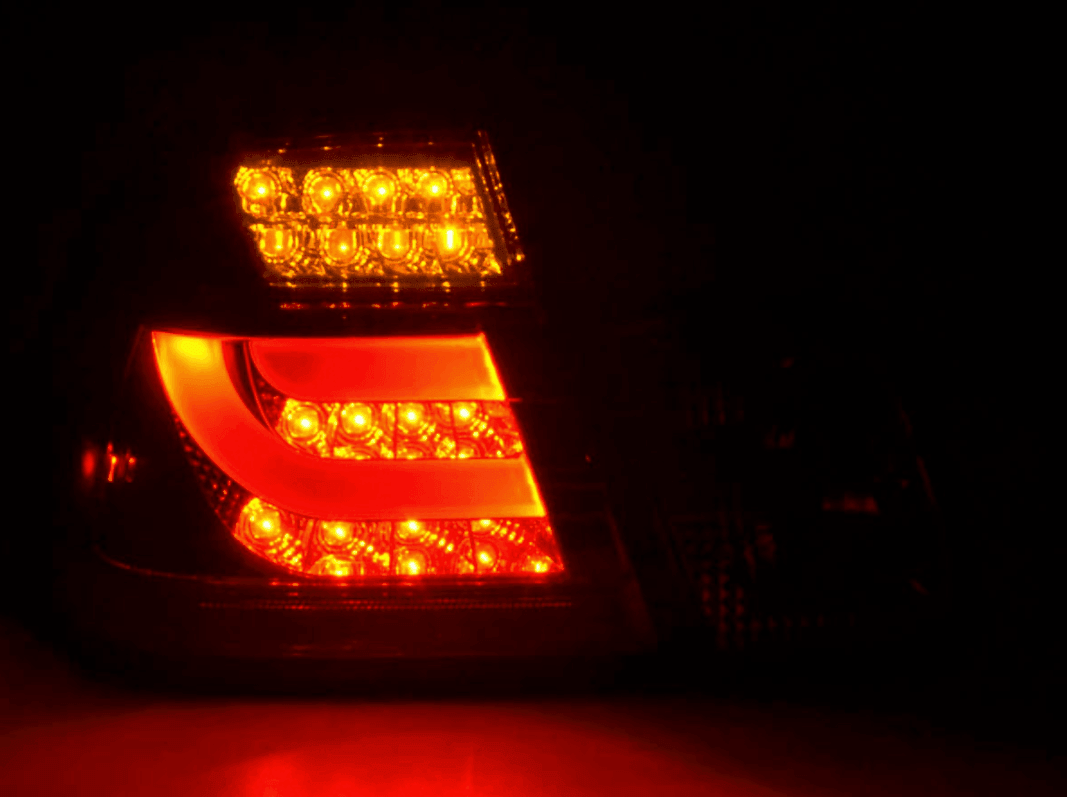 BMW 3-series E46 Sedan red smoke LED taillights set by K2 Industries, 2002-2005, featuring sleek tail light design.
