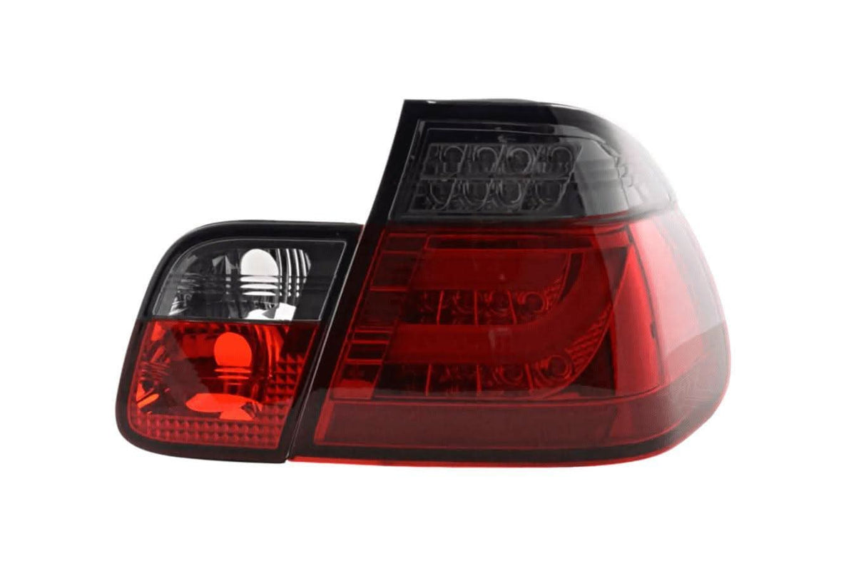BMW 3-series E46 Sedan red smoke LED tail light set by K2 Industries, rear view showing taillight assembly for 2002-2005 models.