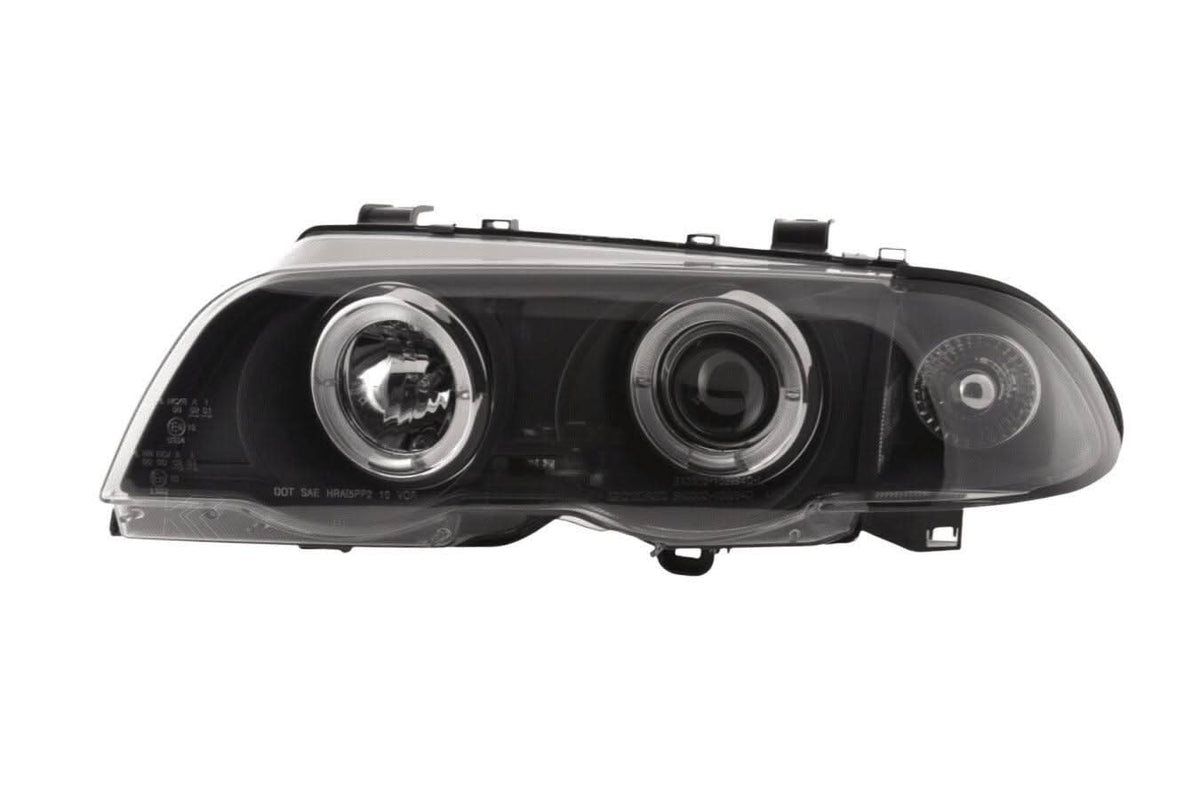 BMW 3-series E46 Sedan/Touring black angel eyes headlights set by K2 Industries, for 1998-2001 models, with clear lens and modern design.