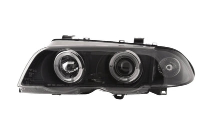 BMW 3-series E46 Sedan/Touring black angel eyes headlights set by K2 Industries, for 1998-2001 models, with clear lens and modern design.
