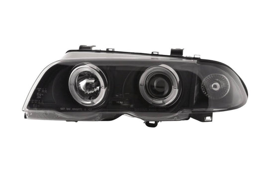 BMW 3-series E46 Sedan/Touring black angel eyes headlights set by K2 Industries, for 1998-2001 models, with clear lens and modern design.