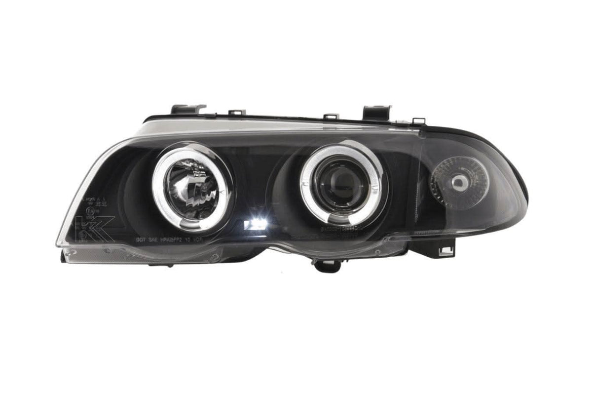 BMW 3-Series E46 Sedan/Touring black angel eyes headlights set by K2 Industries, for models 1998-2001, with distinctive LED rings.