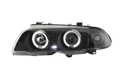 BMW 3-Series E46 Sedan/Touring black angel eyes headlights set by K2 Industries, for models 1998-2001, with distinctive LED rings.