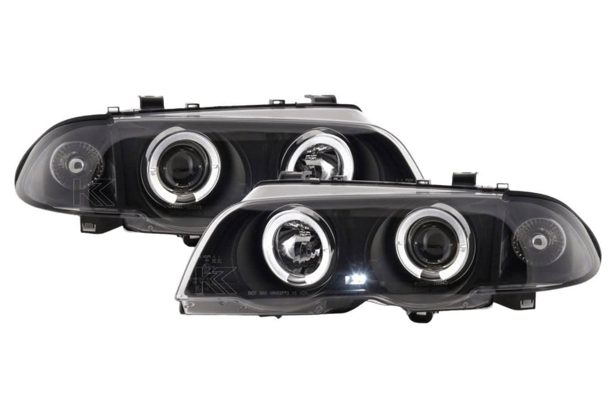 BMW 3-series E46 Sedan/Touring black angel eyes headlight set by K2 Industries, for 1998-2001 models, featuring stylish LED rings.