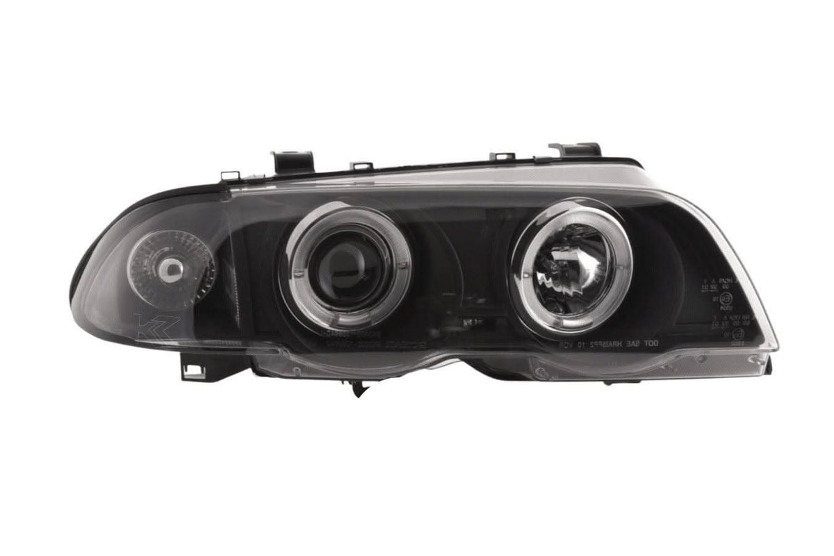 BMW 3-series E46 sedan/touring black angel eyes headlights set by K2 Industries, for 1998-2001 models, with clear lens and black housing.