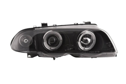BMW 3-series E46 sedan/touring black angel eyes headlights set by K2 Industries, for 1998-2001 models, with clear lens and black housing.