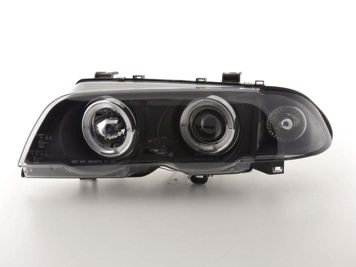 BMW 3-series E46 sedan/touring black angel eyes headlights set by K2 Industries, for models 1998-2001, with clear lens and black housing.