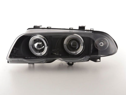 BMW 3-series E46 sedan/touring black angel eyes headlights set by K2 Industries, for models 1998-2001, with clear lens and black housing.