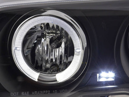 BMW 3-series E46 Sedan/Touring Black Angel Eyes Headlight Set by K2 Industries, featuring sleek black accents and clear lenses.