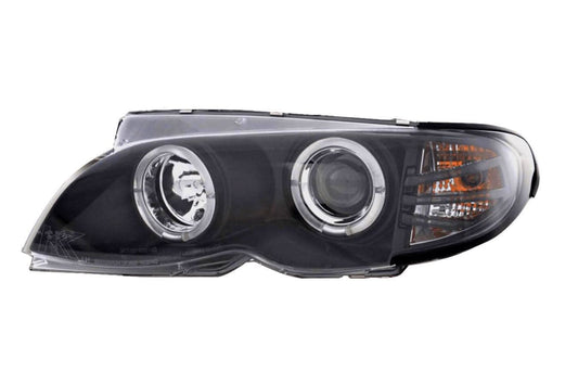 BMW 3-series E46 sedan/touring black angel eyes headlight set by K2 Industries, showing front view with black accents and clear lenses.