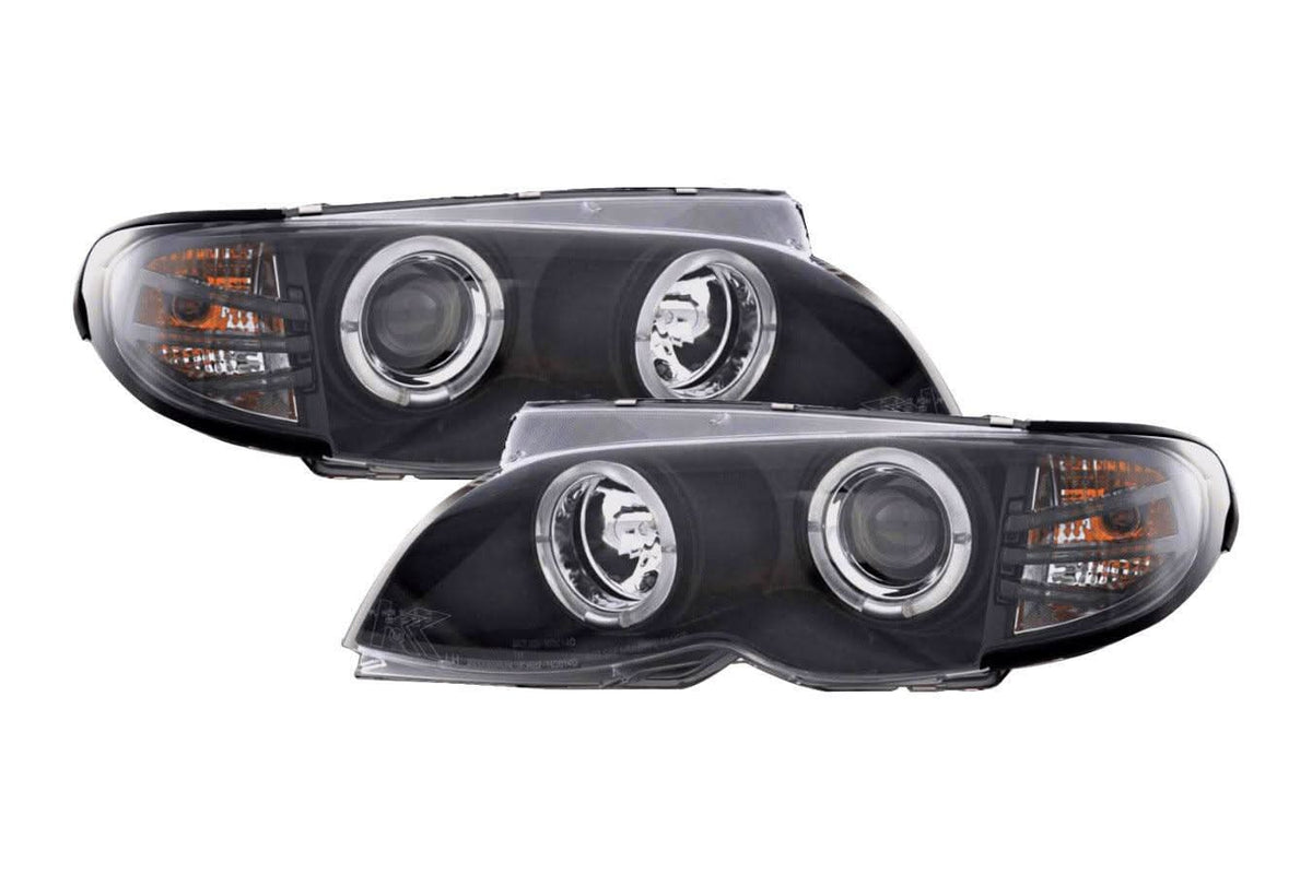 BMW 3-series E46 sedan/touring black angel eyes headlights set by K2 Industries, featuring sleek design and clear lens.