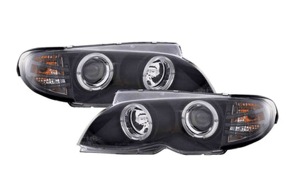 BMW 3-series E46 sedan/touring black angel eyes headlights set by K2 Industries, featuring sleek design and clear lens.