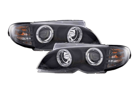 BMW 3-series E46 sedan/touring black angel eyes headlights set by K2 Industries, featuring sleek design and clear lens.