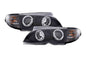 BMW 3-series E46 sedan/touring black angel eyes headlights set by K2 Industries, featuring sleek design and clear lens.