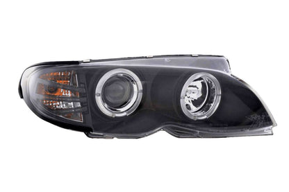 BMW 3-series E46 sedan/touring black angel eyes headlights set by K2 Industries, showing sleek black headlight with angel eye rings.