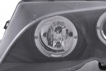 BMW 3-series E46 Sedan/Touring black angel eyes headlights set by K2 Industries, for 2002-2005 models, with clear lens and black housing.