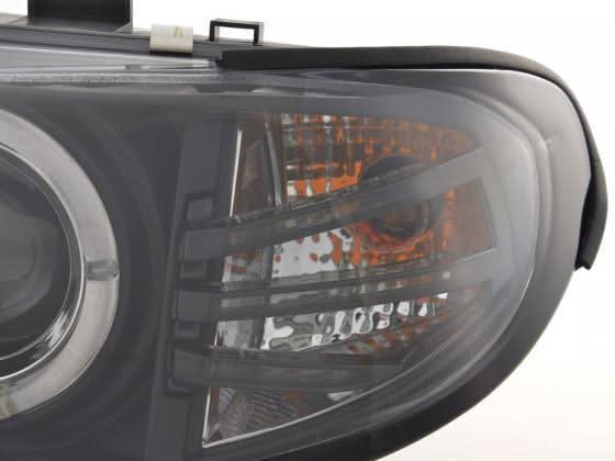 BMW 3-series E46 Sedan/Touring black angel eyes headlights set by K2 Industries, for models 2002-2005, with clear lens and black housing