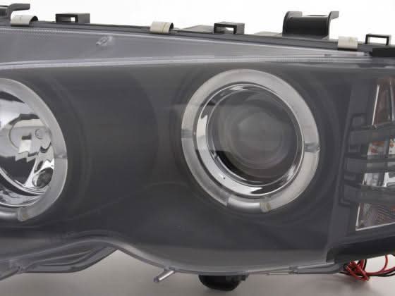BMW 3-series E46 Sedan/Touring black angel eyes headlights set by K2 Industries, for 2002-2005 model years.