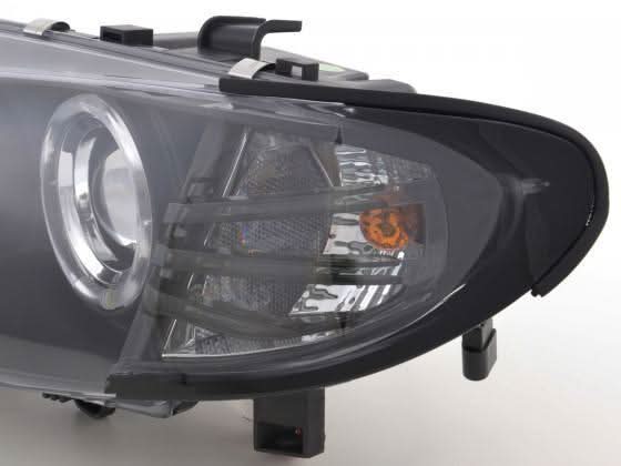 BMW 3-series E46 sedan/touring black angel eyes headlights set by K2 Industries, featuring sleek design for 2002-2005 models.