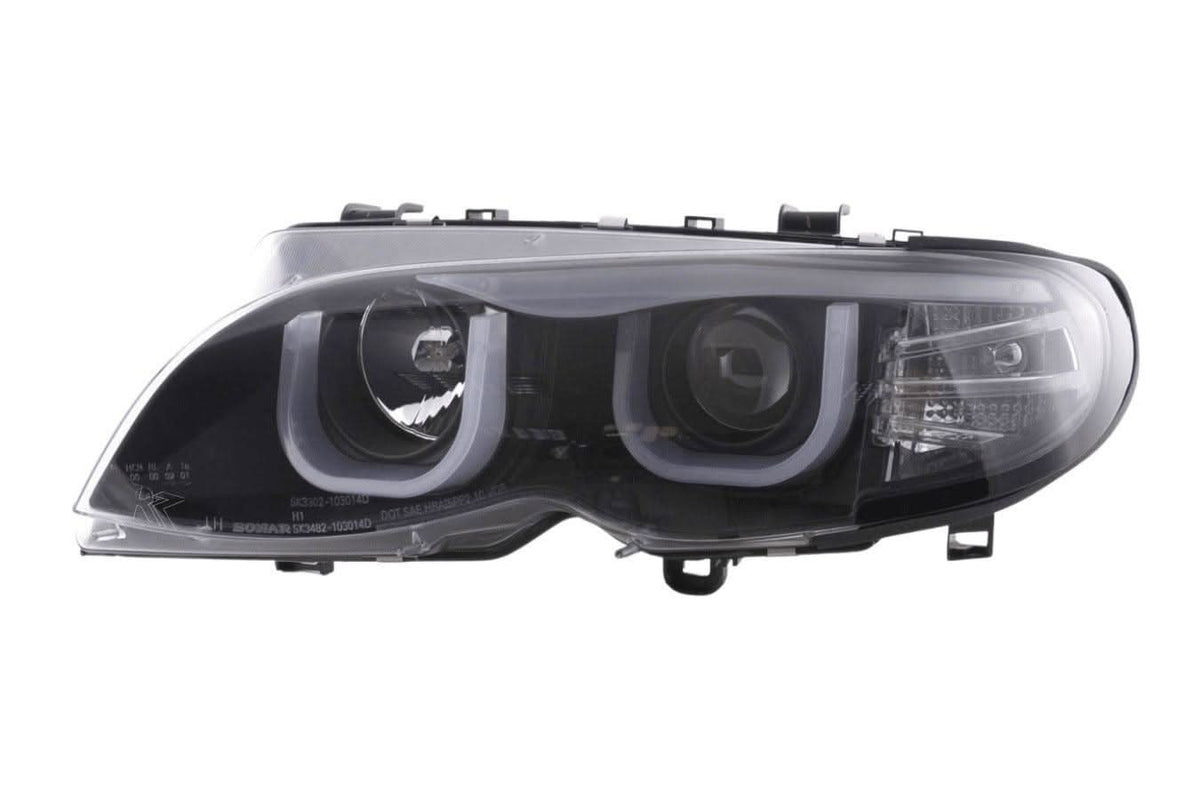 BMW 3-series E46 Sedan/Touring black U Eye LED headlights by K2 Industries, for 2002-2005 model years, with sleek design.