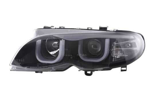 BMW 3-series E46 Sedan/Touring black U Eye LED headlights by K2 Industries, for 2002-2005 model years, with sleek design.