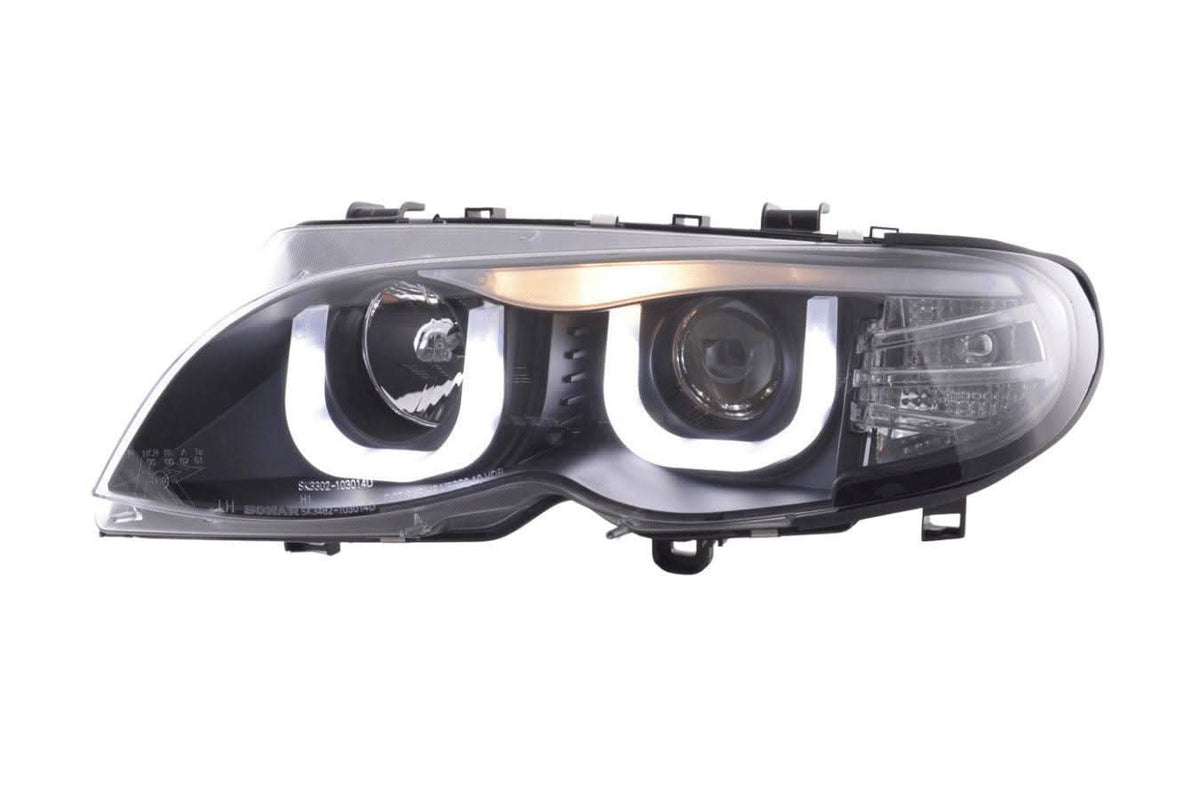 BMW 3-series E46 Sedan/Touring black U Eye LED headlights by K2 Industries, for models 2002-2005, shown installed on vehicle.