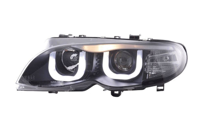 BMW 3-series E46 Sedan/Touring black U Eye LED headlights by K2 Industries, for models 2002-2005, shown installed on vehicle.