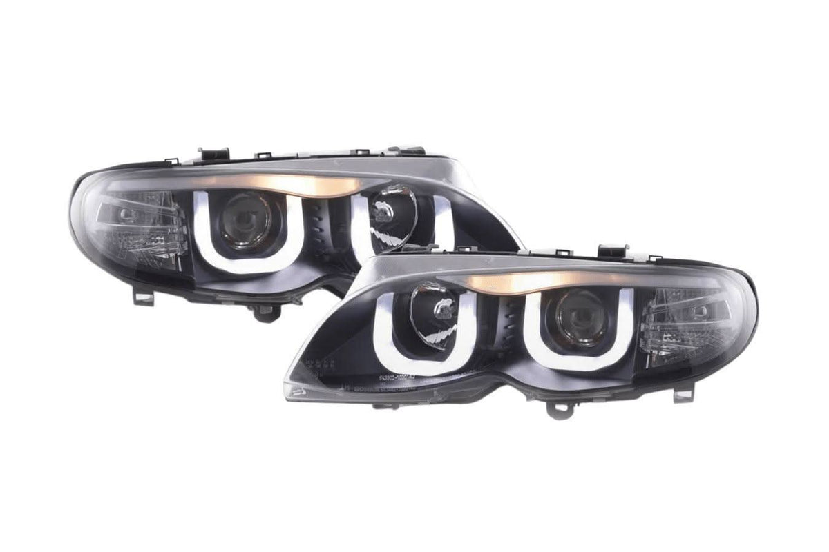 Black BMW 3-series E46 sedan/touring headlights with U Eye LED design, fitted on 2002-2005 models by K2 Industries.