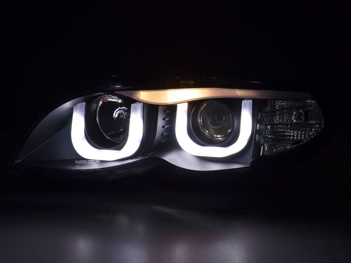 Black BMW 3-Series E46 sedan/touring LED headlights with U Eye design by K2 Industries, fits 2002-2005 models.